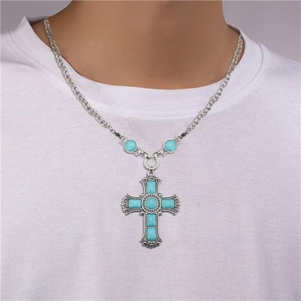 Vintage Turquoise Cross Pendant Necklace – Adjustable Western-Style Jewelry - Picture 6 of 6